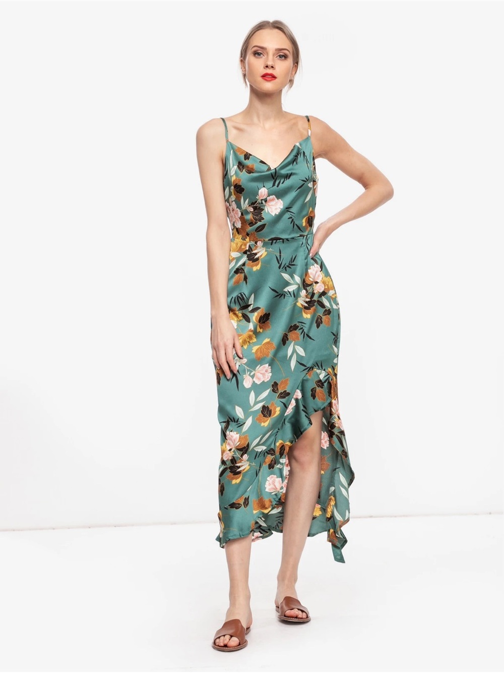 Missguided Floral Satin Slip Dress in Teal with Ruffle Hem
